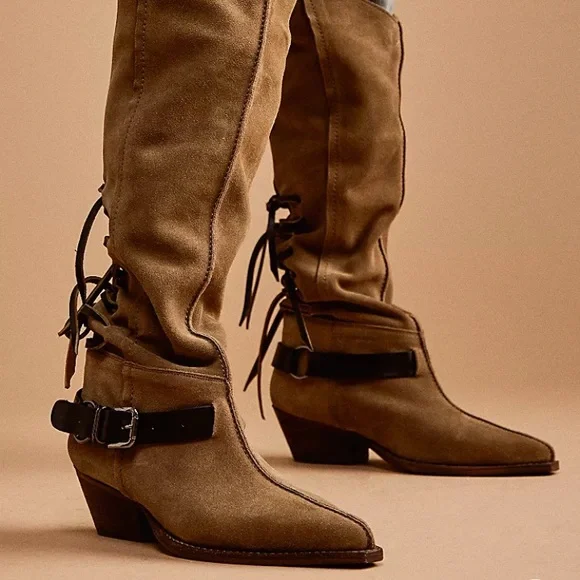 Free People Back-lace Sway Low Slouchy Boots. Western inspired suede pull-on. - Picture 1 of 16
